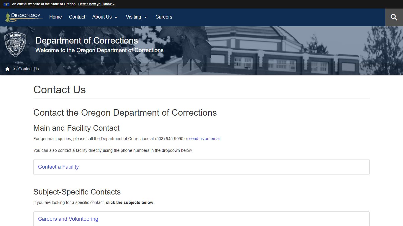 Department of Corrections : Contact Us : State of Oregon